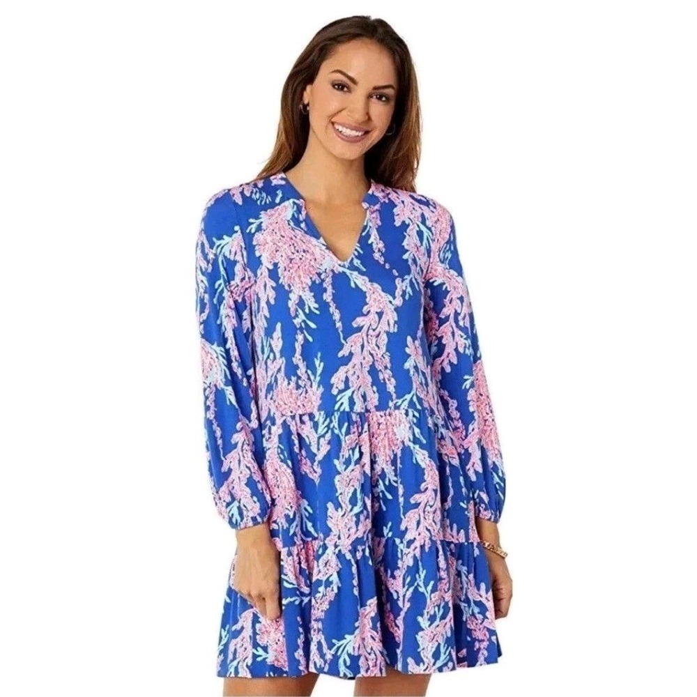Lilly Pulitzer TRACI LONG SLEEVE DRESS Borealis Blue Swim on Over Size Medium - Picture 11 of 11